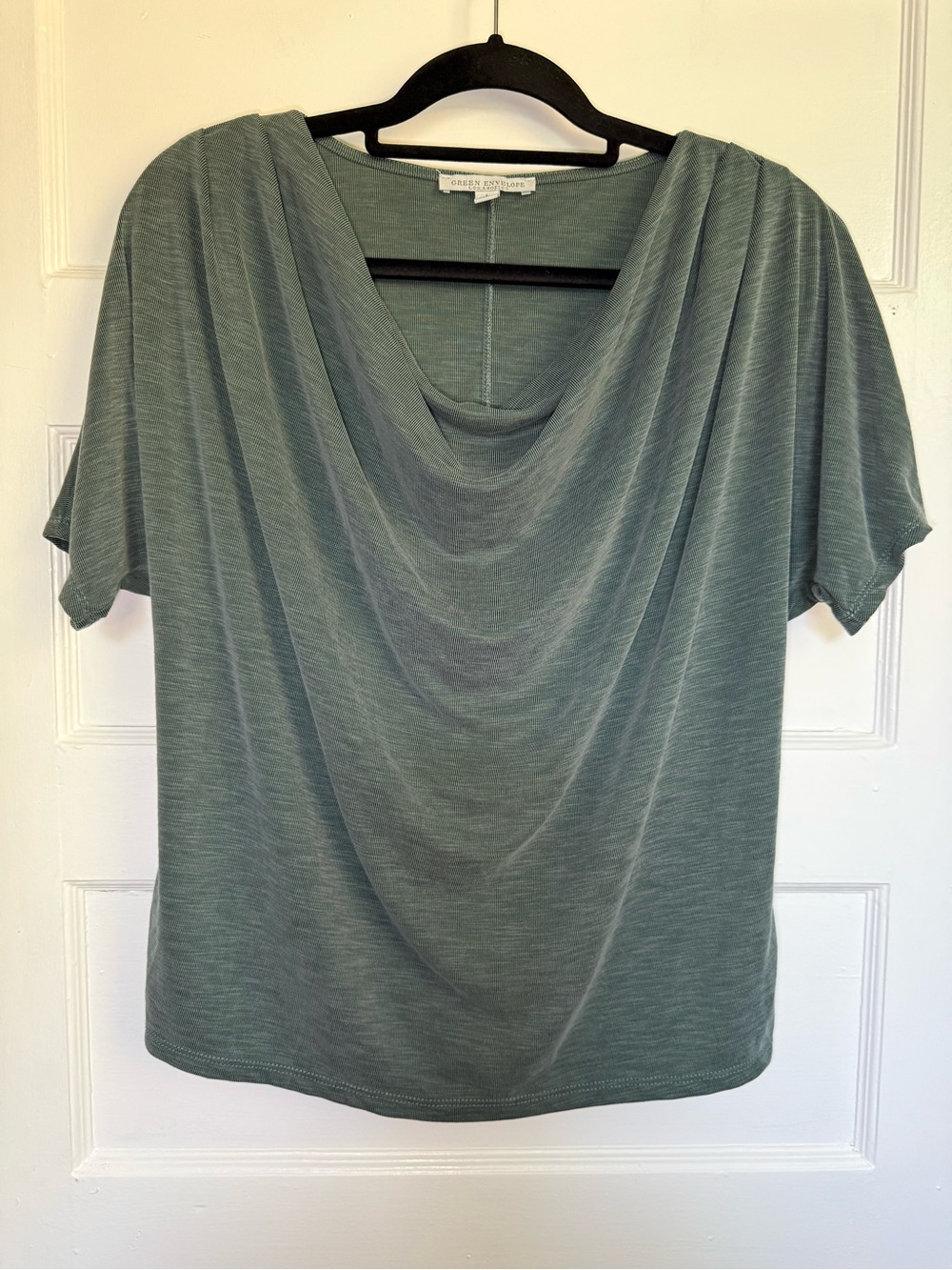 Green Envelope Sage Green Relaxed Draped Cowl Neck Blouse Earthy Casual Chic L
